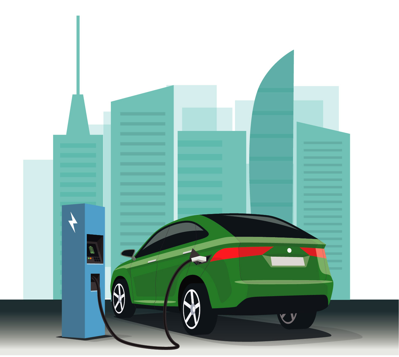 Electric vehicle charging with a skyline in the background